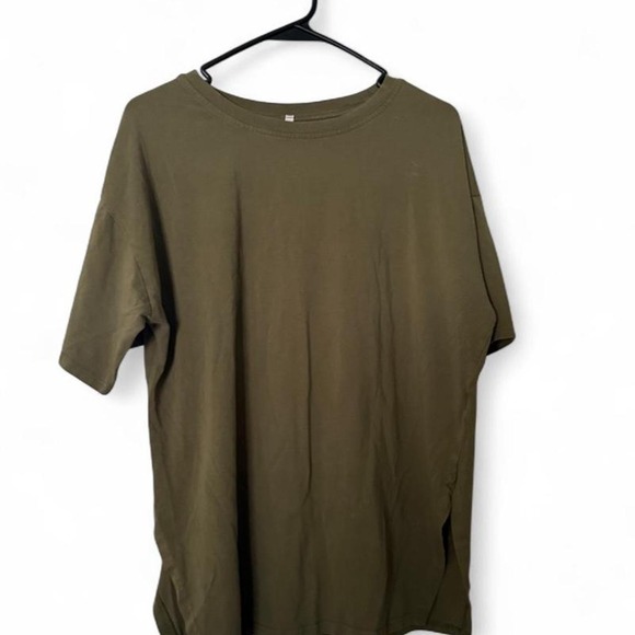 Tops - Oversized Olive Green T Shirt Women's Minimalist Drop Shoulder Side Slit Tunic